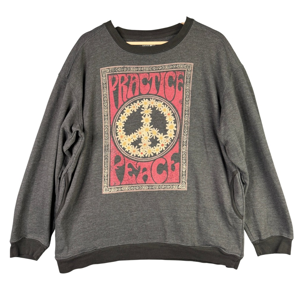 Natural Life Practice Peace Graphic Sweatshirt Gray Daisy Peace Sign Pockets L